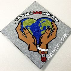 two hands are holding the earth in front of a gray background with words that say global work's love makes us happy