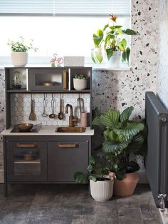 a kitchen with plants in pots on the counter and a radiator next to it