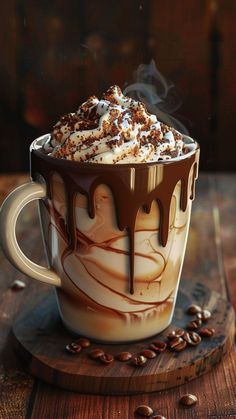 hot chocolate latte with whipped cream and coffee beans