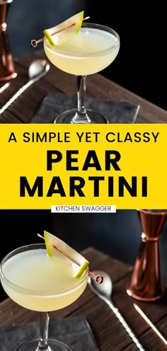 two glasses filled with pear martini sitting on top of a wooden table next to each other