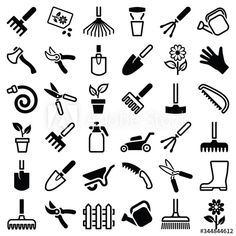 black and white silhouettes of garden tools, including gardening gloves, rakes, watering hose