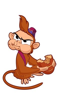 a cartoon monkey sitting on the ground holding a bag of cookies and looking at it