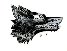 a black and white drawing of a wolf's head with its mouth open to the side