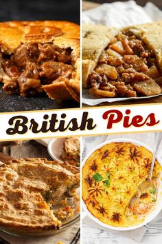 four different british pies are shown in this collage with the words, british pies