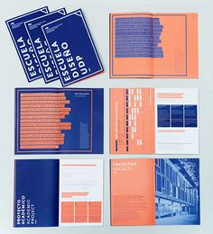 an assortment of brochures are displayed on a white surface with blue and orange designs