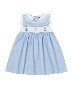 Style # PS-TM1103  Hand smocked anchor blue stripe sailor dress  Made with 100% Cotton Blue Sailor Cotton Dress, Blue Cotton Sailor Dress, Blue Sailor Style Cotton Dress, Sailor Style Blue Cotton Dress, Nautical Navy Cotton Dress, Navy Nautical Cotton Dress, Navy Cotton Nautical Dress, Navy Marine Style Summer Dress, White Sleeveless Nautical Dress