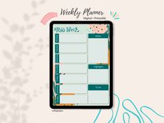 a tablet with the words weekly planner on it and an image of flowers in the background