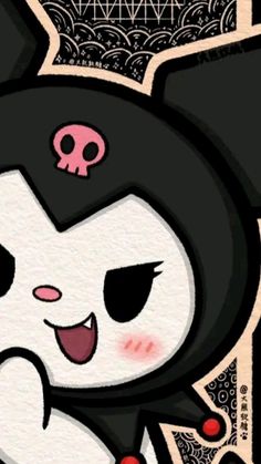 a cartoon character with black hair and pink eyes, holding onto a white cat's tail