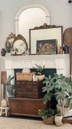 a living room filled with lots of furniture and plants on top of a fireplace mantel