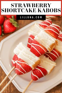 strawberry shortcake kabobs on a plate with strawberries