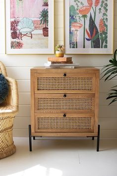 Wooden Bedside Table with Three Woven Cane Drawers - Chapin Furniture Tonal Bedroom, Cane Drawers, Cane Bedside Tables, Bedside Table Design, Wooden Bedside Table, Wood Bedside Table, Beautiful Storage, Wood Nightstand, Wood Accents