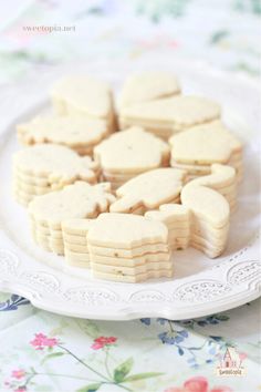 small cookies are arranged on a white plate