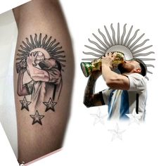 a man with a tattoo on his arm drinking from a beer bottle next to an image of the statue of liberty