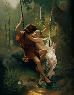 a painting of two people on a swing in the woods, one being hugged by the other