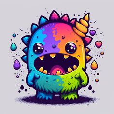 a colorful monster with horns and spikes on its head is surrounded by drops of water