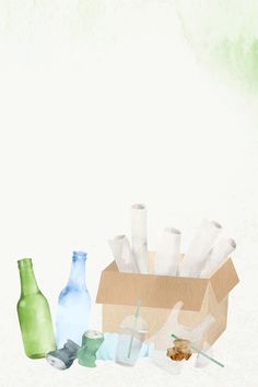 an image of bottles and ice cream in a box on the ground with watercolors