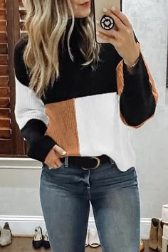 Shefn Mock Neck Colorblock Sweater – shefn Trendy Winter Fashion, Reversible Sweater, Basic Sweaters, Cute Fall Outfits, Black Women Fashion, Knitting Women Sweater, Color Block Sweater, Winter Outfits Women, Ladies Dress Design