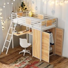 a loft bed with desk underneath and stairs to the top, next to a christmas tree