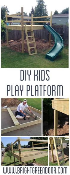 the diy kids play platform is made out of wood and has a slide in it