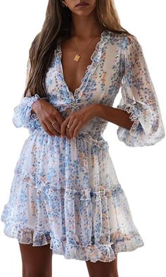 Dokotoo Womens Sun Casual V Neckline Long Sleeve Open Back Floral Print Mini Dress Bohemian Fashion Skater A Line Ruffle Hem Beach Dresses White X-Large at Amazon Women’s Clothing store Gaun Fashion, Regal Design, Deep V Neck Dress, Flowy Mini Dress, Dress Chiffon, Ruffle Long Sleeve, Short Mini Dress, Neck Ruffle, Boho Stil