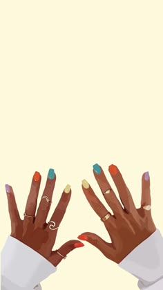 two hands with different colored nails and rings