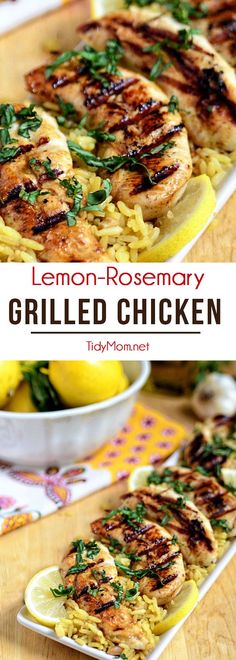 lemon rosemary grilled chicken on top of rice with lemons and parsley in the background