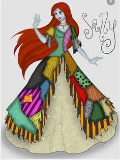 a drawing of a woman in a dress with long red hair and colorful clothes on