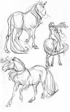 three horses that are standing next to each other on a white surface, one is drawn in