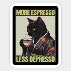 a black cat is holding a cup of coffee