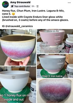 the instructions for how to make an ombrella bowl with pink and white glaze