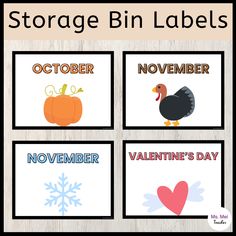 four printable valentine's day storage bin labels with hearts, pumpkins and turkey