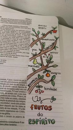 an open book with spanish writing on the pages and pictures of fruit trees in it