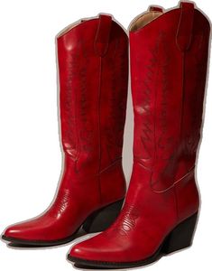 Pointed Toe Knee-high Boots For Western-themed Fall Events, Red Boots For Rodeo In Winter, Red Heeled Boots For Rodeo In Fall, Red Leather Heeled Boots For Rodeo, Western Red Knee-high Boots, Red Western Knee-high Boots, Red Pointed Toe Heeled Boots For Fall, Red Snip Toe Heeled Boots For Fall, Red Heeled Boots For Rodeo