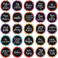 12 round badges with different sayings on them