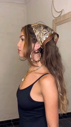 Simple Hairstyle For Photoshoot, Outfit Ideas With Hair Scarf, Bandana Hair Down Hairstyles, Hair Bandanas Ideas, How To Use Scarves In Hair, Hair Scarf With Bun, Hair Wrap With Bangs, Ways To Style Hair Scarf, Hair For Special Events