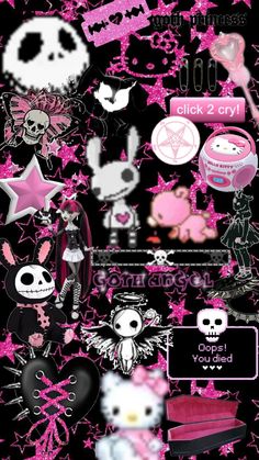 the pink and black wallpaper has skulls, hearts, stars, and other items