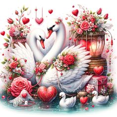 two white swans are surrounded by roses and hearts, with a lantern in the background