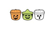 three halloween cups with faces drawn on them