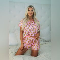 These Three Boutique Smiley Pajamas. New. Missed Return Window. Sold Out Online. Thesethree Fitted Short Sleeve Sleepwear For Pajama Party, Cute Relaxed Fit Sleepwear, Feminine Short Sleeve Sleep Sets, Feminine Short Sleeve Loungewear Sets, Smiley Pajamas, Satin Pajama, Satin Pajamas, Pajama Shirt, Shirt Color