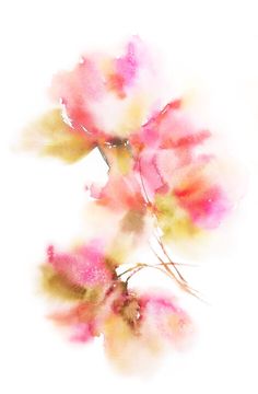 an abstract painting of pink flowers on a white background