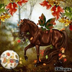 a painting of a horse with autumn leaves on it's back and the words happy fall written below