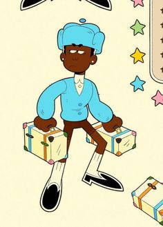 a cartoon character sitting on top of two suitcases with stars around him and the words happy birthday written below it