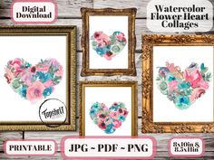 the watercolor flower heart collages are displayed in frames on a wooden wall