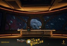 the outer worlds logo is displayed in front of a window with an image of a rock