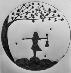 a drawing of a girl holding an acoustic guitar in front of a tree with stars