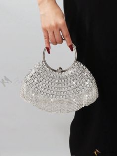 Bird in Bag - Glamorous Women's Clutch Bag with Shimmering Diamond Embellishments Silver Bling Bags For Night Out, Silver Handheld Bag With Bling, Silver Bling Handheld Bag, Glamorous Event Bag With Bling, Glamorous Event Bags With Bling, Glamorous Bling Bag For Events, Evening Bags With Rhinestone Fringe, Evening Bag With Rhinestone Fringe, Luxury Party Bags With Rhinestone Fringe