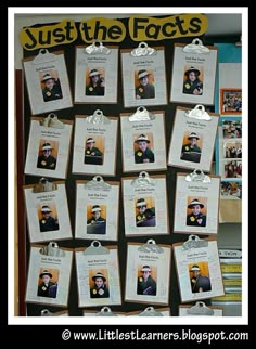 a bulletin board with pictures of jewish men hanging on it's sides and the words just the fact