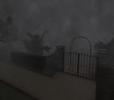 the gate is open on a dark, foggy night with trees and bushes in the background