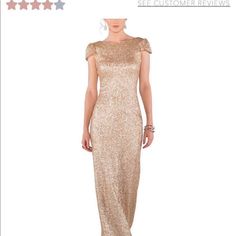 a woman in a gold dress with stars on the side and an ad for self - customer review