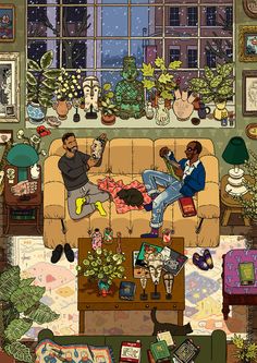 a painting of two people sitting on a couch in front of a window with potted plants